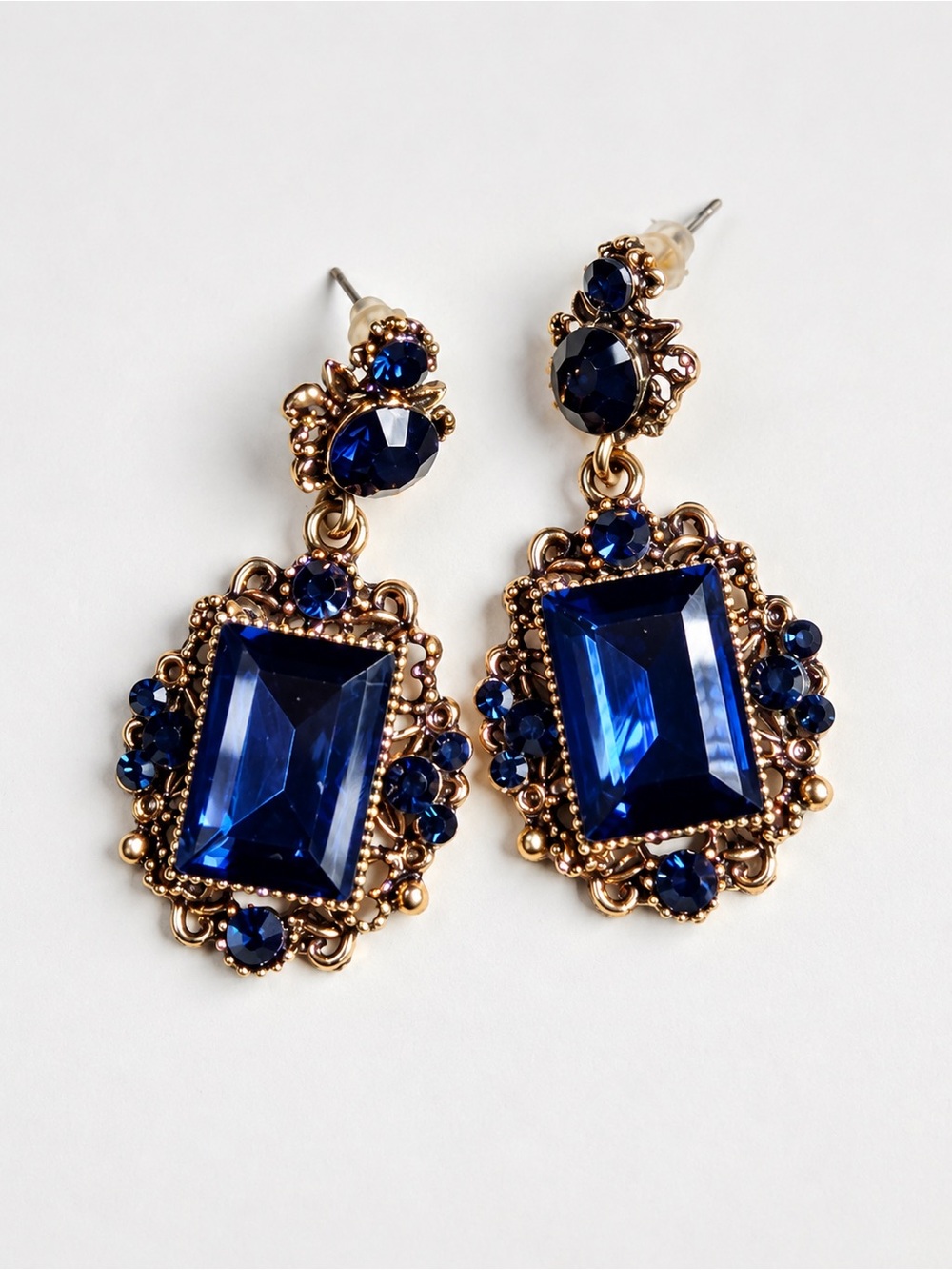 Blue Gold Drop Earrings Statement Party Jewelry